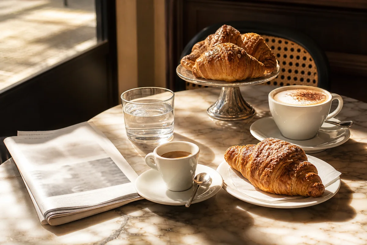 Colazione italiana con espresso cappuccino cornetti e giornale