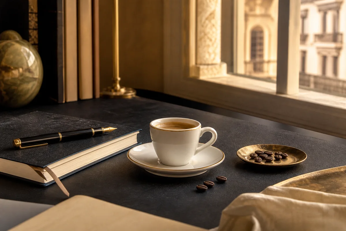 Tazza espresso accanto a quaderno e penna